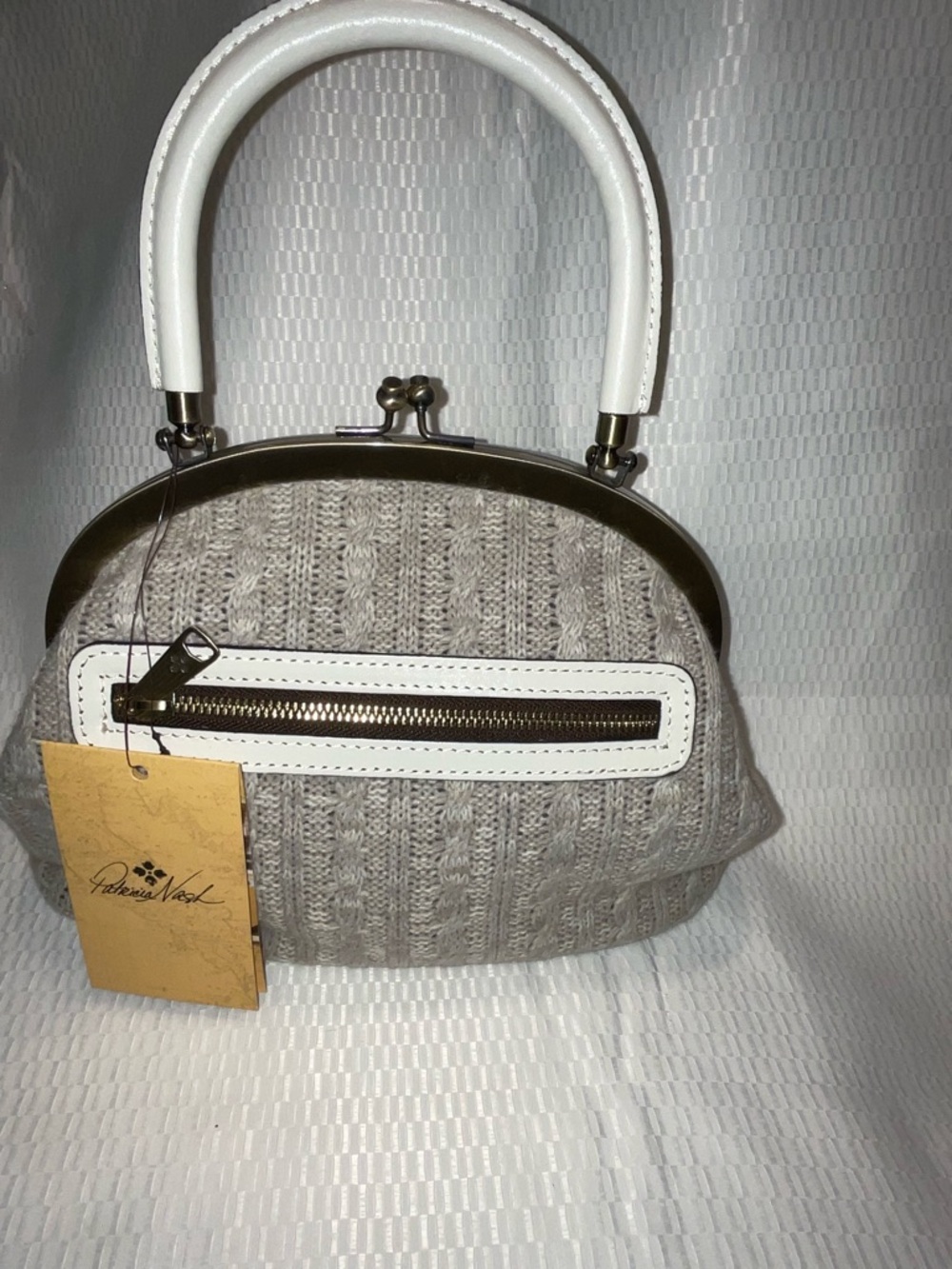 Patricia Nash Taupe Knit Mini Satchel with White Trim